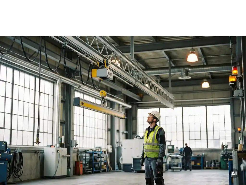 Technicus bekijkt KBK lichtbaansysteem op overheadgeleiders in industriële werkplaats met betonvloer en stalen dakconstructie.