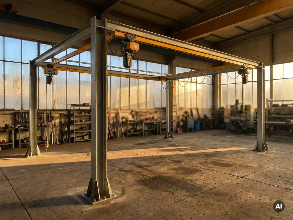 Vrijstaand KBK lichtkraansysteem op stalen vloerkolommen in industriële werkplaats met betonnen vloer en fabrieksverlichting.