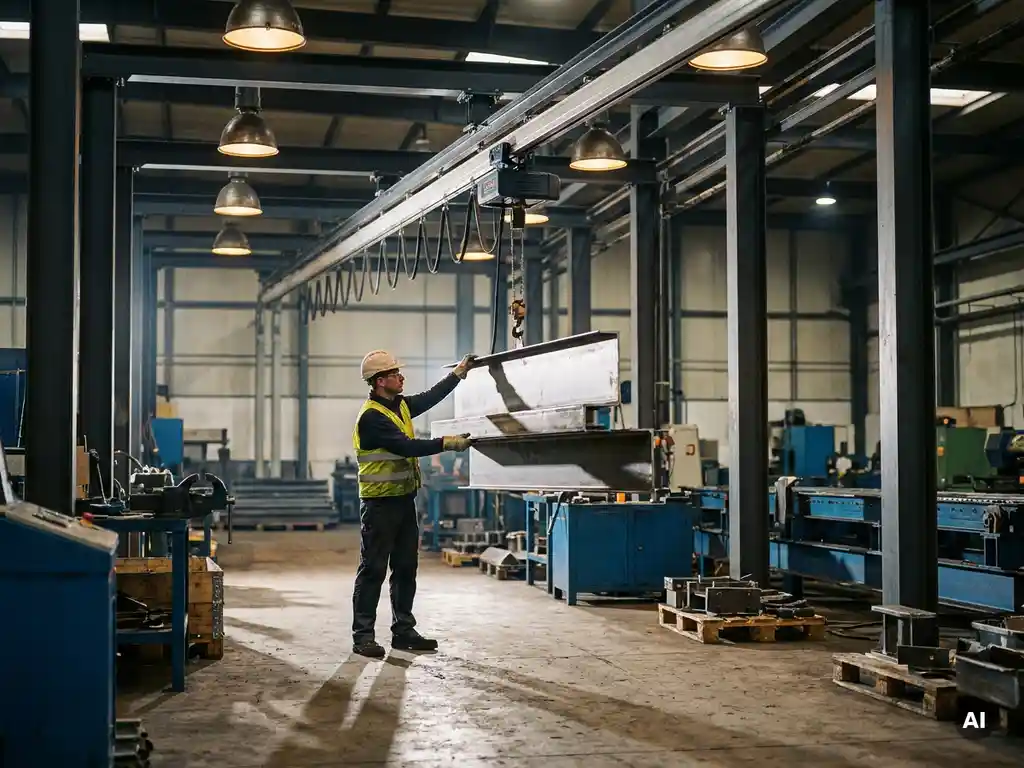 Werknemer begeleidt metalen onderdeel langs KBK lichtkraansysteem op monorailbaan in industriële productiefaciliteit.