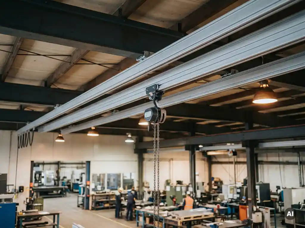 KBK modulaire kraan railsysteem met kettingtakel onder het plafond van een industriële werkplaats.