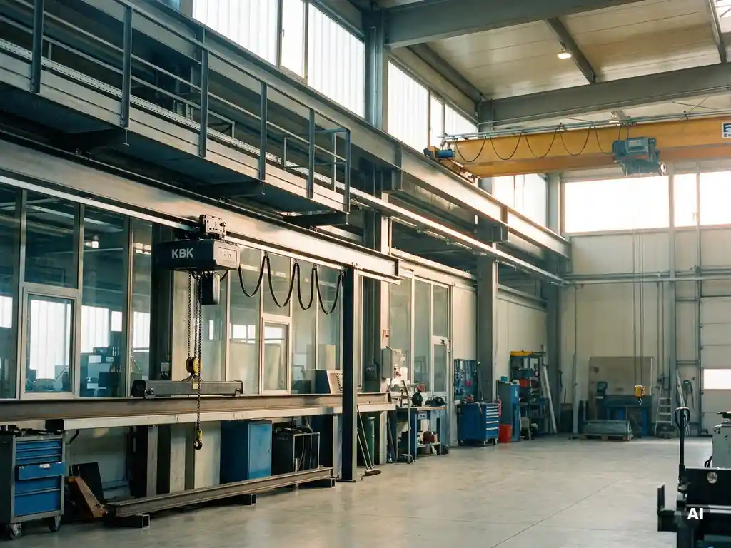 KBK monorailkraan en overheadbrug­kraan naast elkaar gemonteerd in industriële werkplaats met betonnen vloer en daklichten.