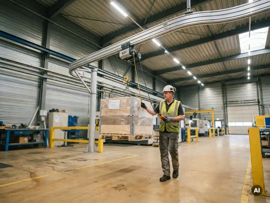 Fabrieksmedewerker begeleidt hangende industriële last aan KBK aluminium railkraansysteem op productiehallenvloer.