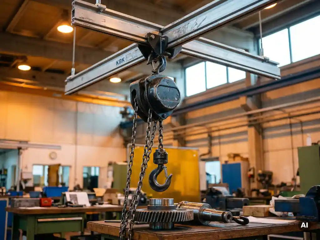 Kettingtakel aan aluminium KBK lichtbaansysteem boven bewerkt metaalonderdeel op werkbank in industriële werkplaats.