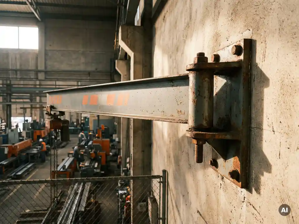 Wandgemonteerde zwenkkraan van staal bevestigd aan betonnen industriële muur met zichtbare boutverbindingen en fabriekshal op de achtergrond.