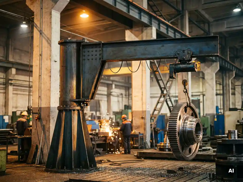 Zwenkarmkraan op stalen fabrieksvoer tilt nauwkeurig metalen werkstuk op, dramatische zijverlichting benadrukt industriële structuur.