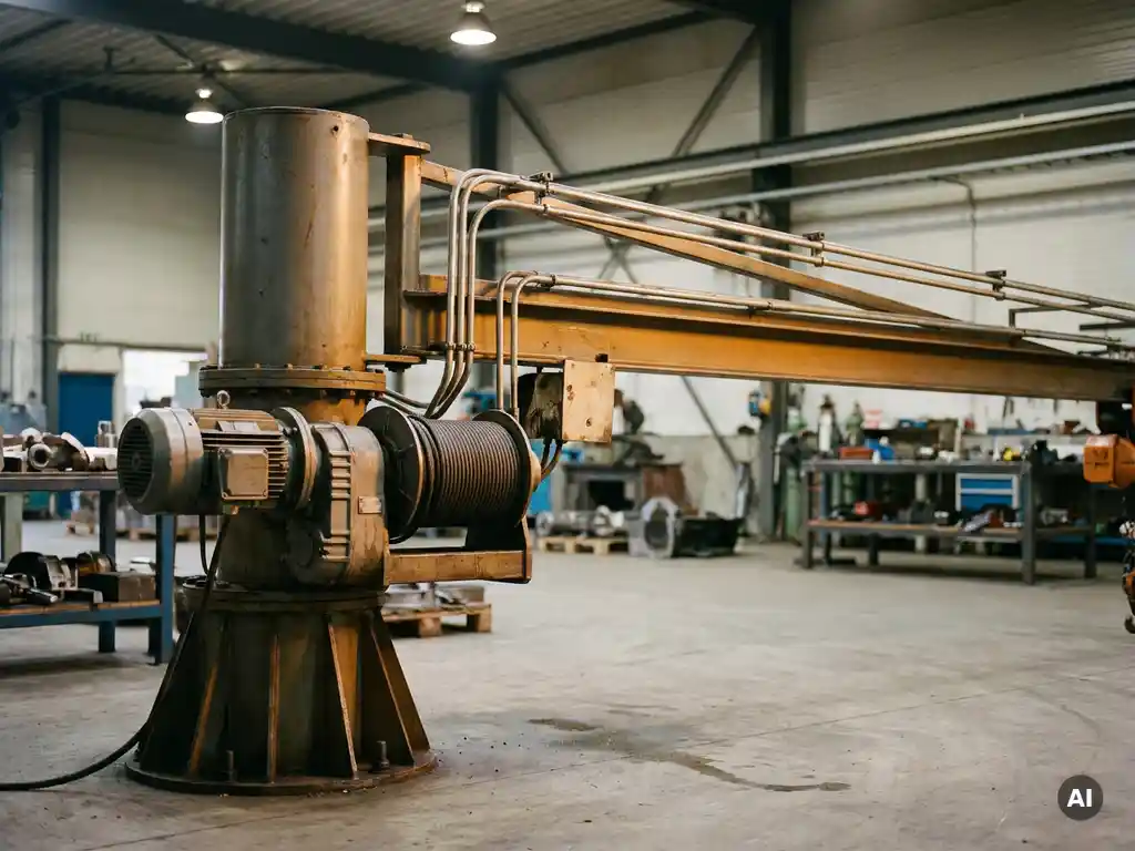 Zware jibkraan met elektromotor en kabelrol op roterende kolom in Nederlandse industriële werkplaats met betonnen vloer.