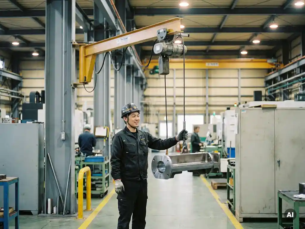 Fabrieksmedewerker begeleidt zwaar metalen onderdeel hangend aan een gele zwenkkraan in een industriële werkplaats.