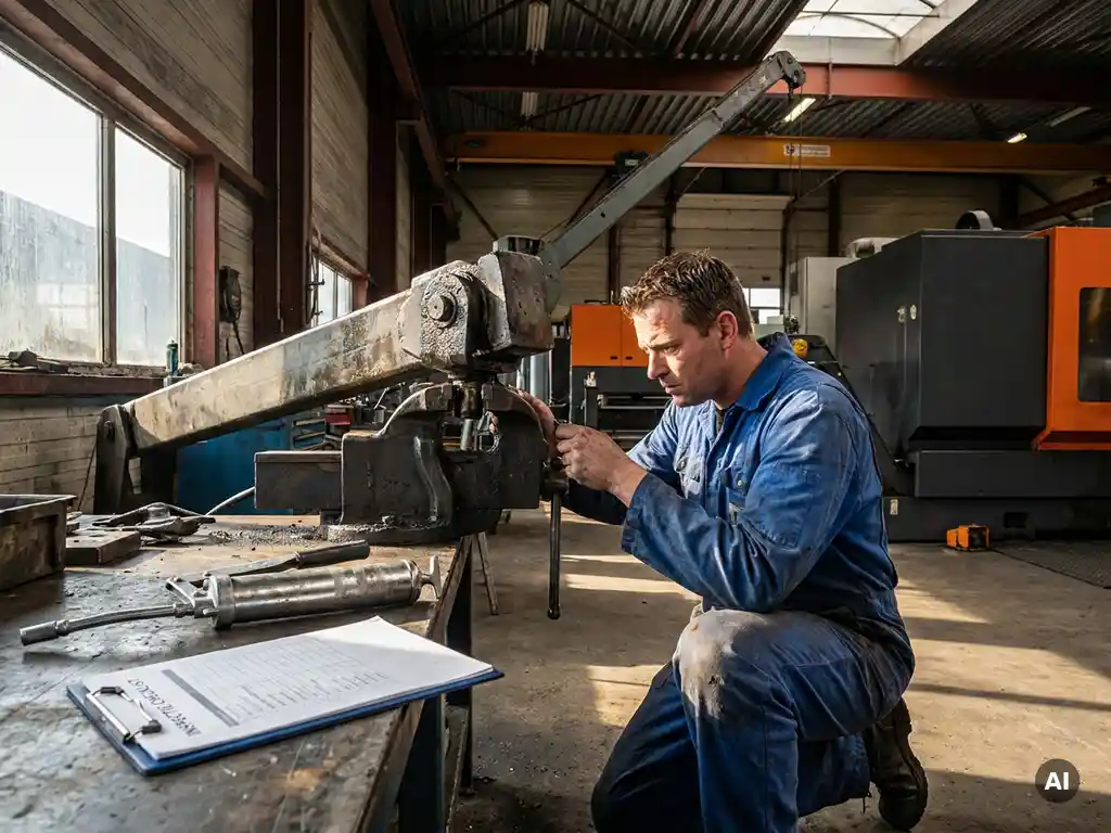 Monteur in blauwe overall inspecteert het draaipunt van een industriële jibkraan in een Nederlandse productiefaciliteit.