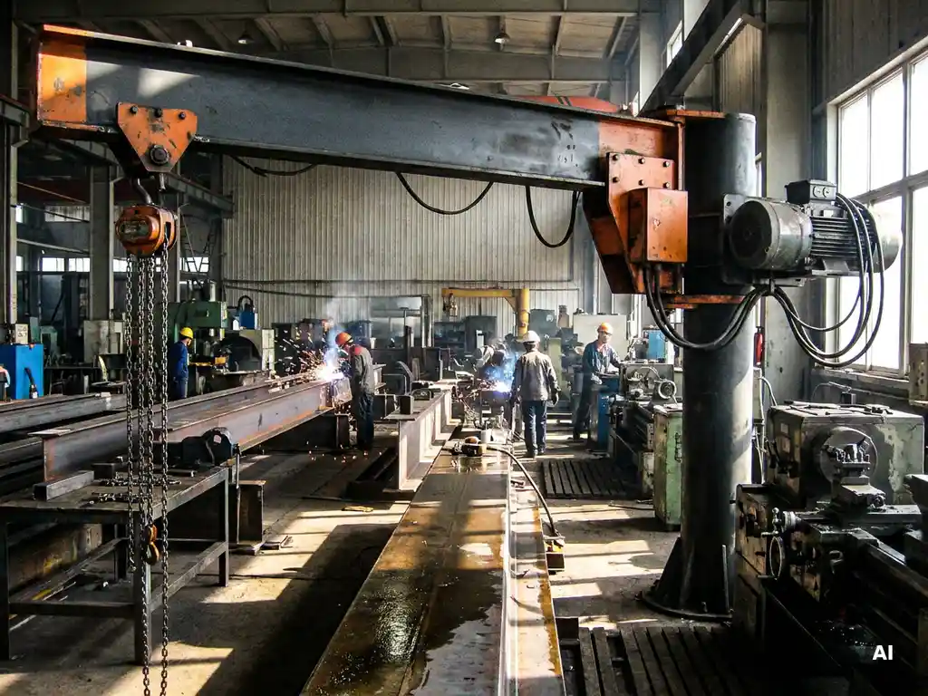 Zwenkarmkraan met kettingtakel en elektrische motor boven een industriële werkplaats, stalen constructies op de achtergrond.
