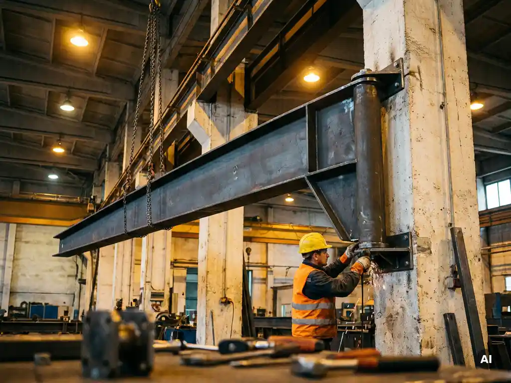 Monteur in veiligheidshelm en -vest bevestigt stalen zwenkkraan aan betonnen fabriekskolom in industriële werkplaats.